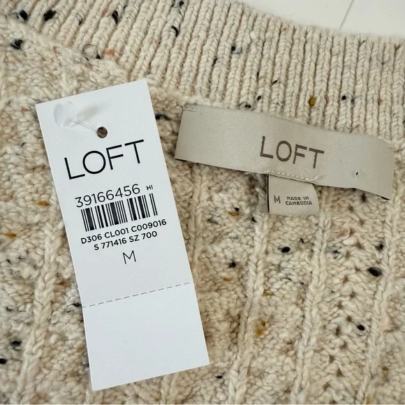 LOFT Flecked Stitchy Puff Sleeve Cotton Blend Cardigan Size Medium‎ NWT - Picture 7 of 8